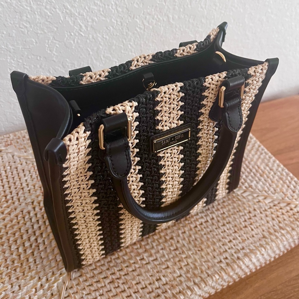 SAINT & SOFIA Mini Tote Bag Raffia Black/Tan Leather Artisan Handbag W/Strap - Picture 7 of 15